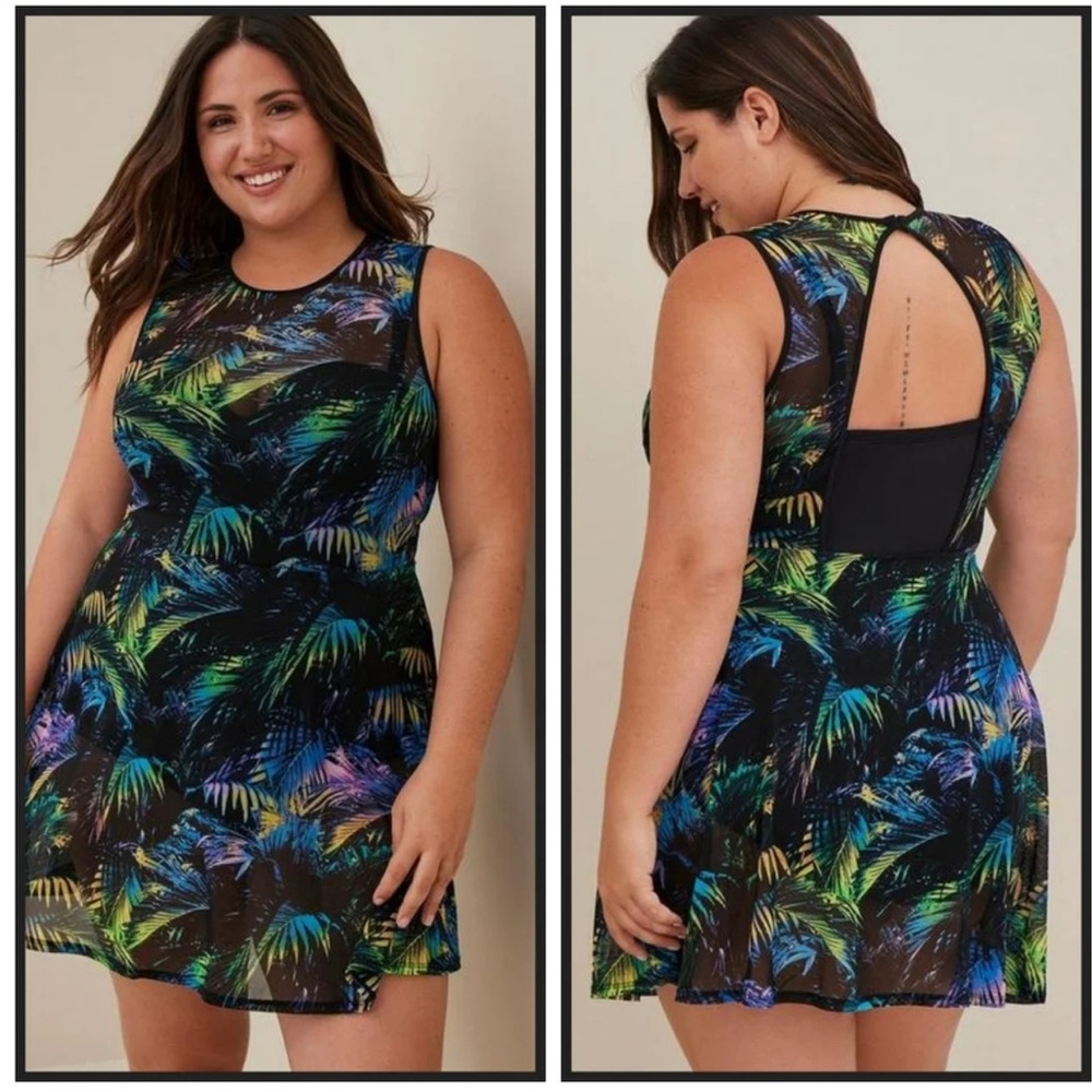 Torrid Palm Forest Peplum Mesh Overlay Underwire Swim Dress Women’s Plus 2X D-DD